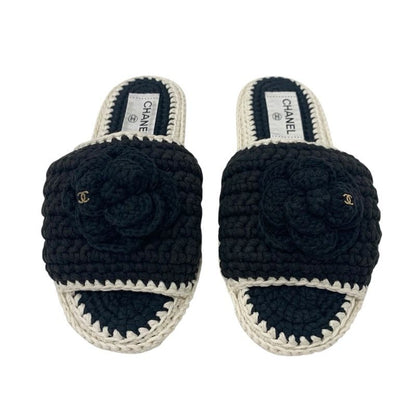 Chanel Sandals Shoes Fabric Black White Coco Mark Camellia Knit Flat Mule