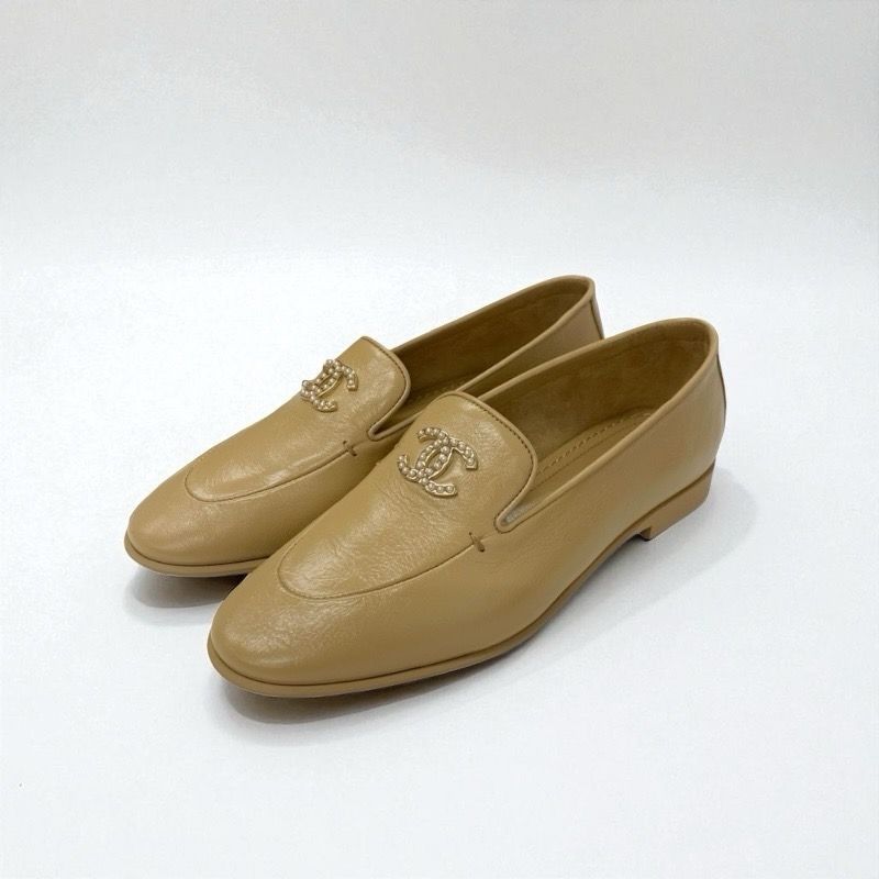Chanel Loafer Leather Shoes Leather Beige Unused Here Mark Pearl