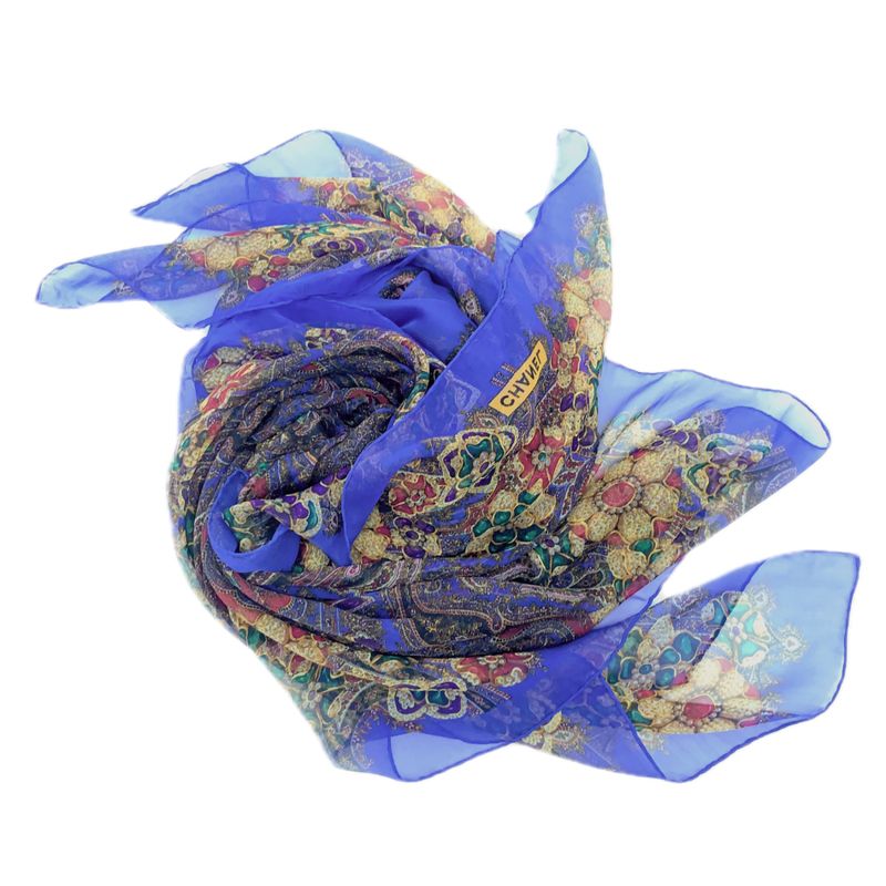 Chanel Gripoa Pattern Large Silk Scarf Jeweled Blue X Multicolor
