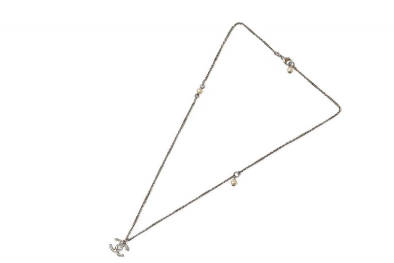 Chanel Necklace Pendant 2way Chanel Coco Mark CC Rhinestone Pearl Motif Silver