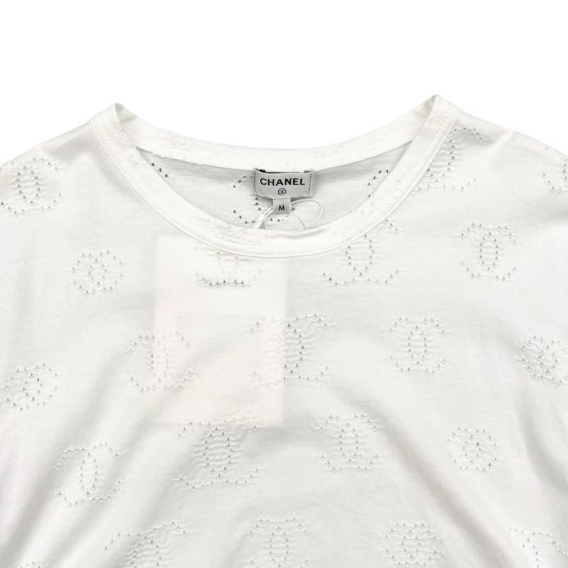 Chanel Short Sleeve T-Shirt Coco Mark Pearl Cropped Length P72733 M Size Cotton