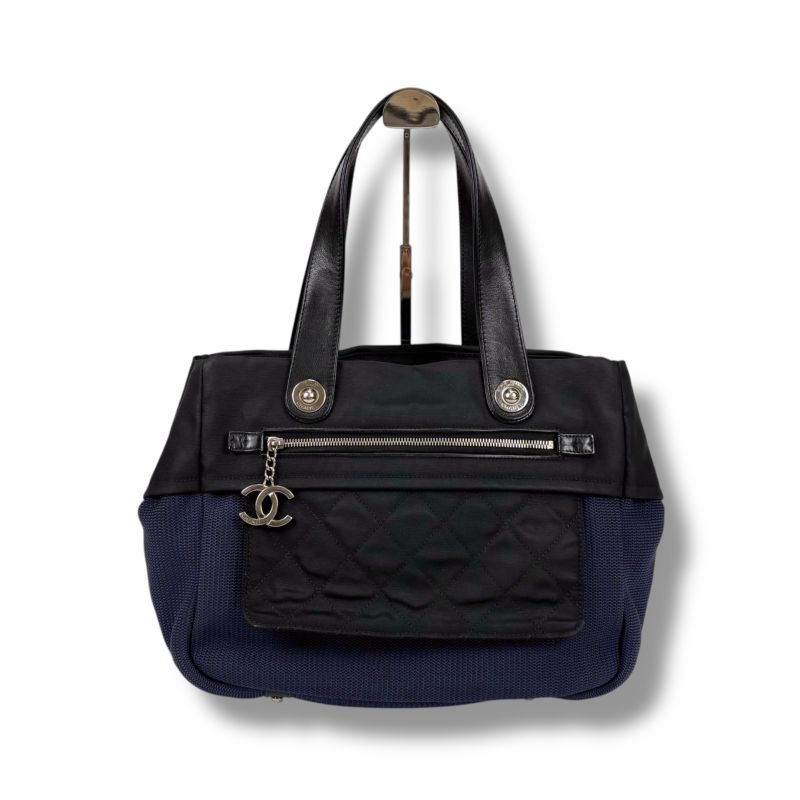 Chanel Paris Biarritz Mini Tote Shoulder Bag Navy Blue Black Bicolor Shoulder