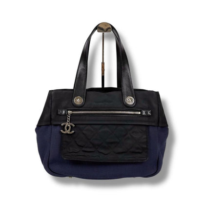 Chanel Paris Biarritz Mini Tote Shoulder Bag Navy Blue Black Bicolor Shoulder