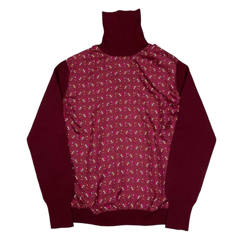 Hermes Vintage Horse Pattern Silk Wool Cut Replacement Turtleneck Sweater Knit