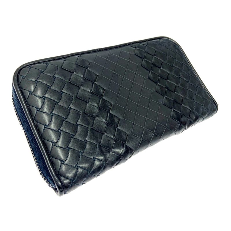 Bottega Veneta Leather Intreccio Imperatore Round Zipper Long Wallet Black