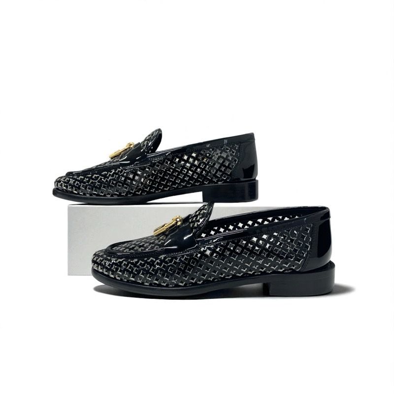 Louis Vuitton Chess Line Monogram Loafers Leather Shoes Patent Black Gold Logo
