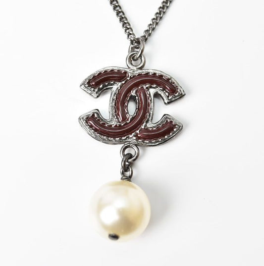 Chanel Necklace Pendant 2way Chanel Coco Mark Pearl Motif Burgundy Gunmetal