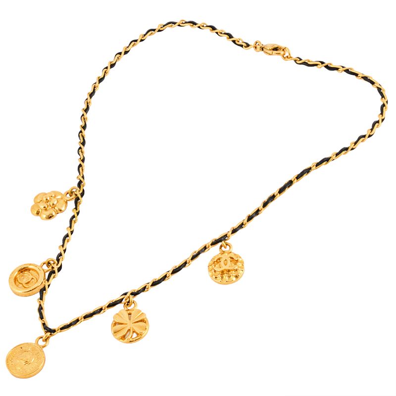 Chanel Choker Necklace Metal Leather 96 P Engraved Gold Coco Mark Coin Medal