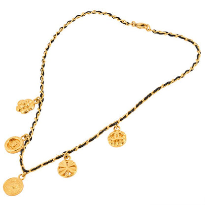 Chanel Choker Necklace Metal Leather 96 P Engraved Gold Coco Mark Coin Medal