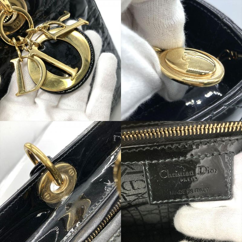 Dior Lady Dior Large Cannage Handbag Patent Leather Black Gold Hardware Women
