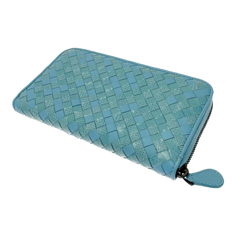 Bottega Veneta Leather Intrecciato Round Zip Wallet Blue 371637 Long Wallet