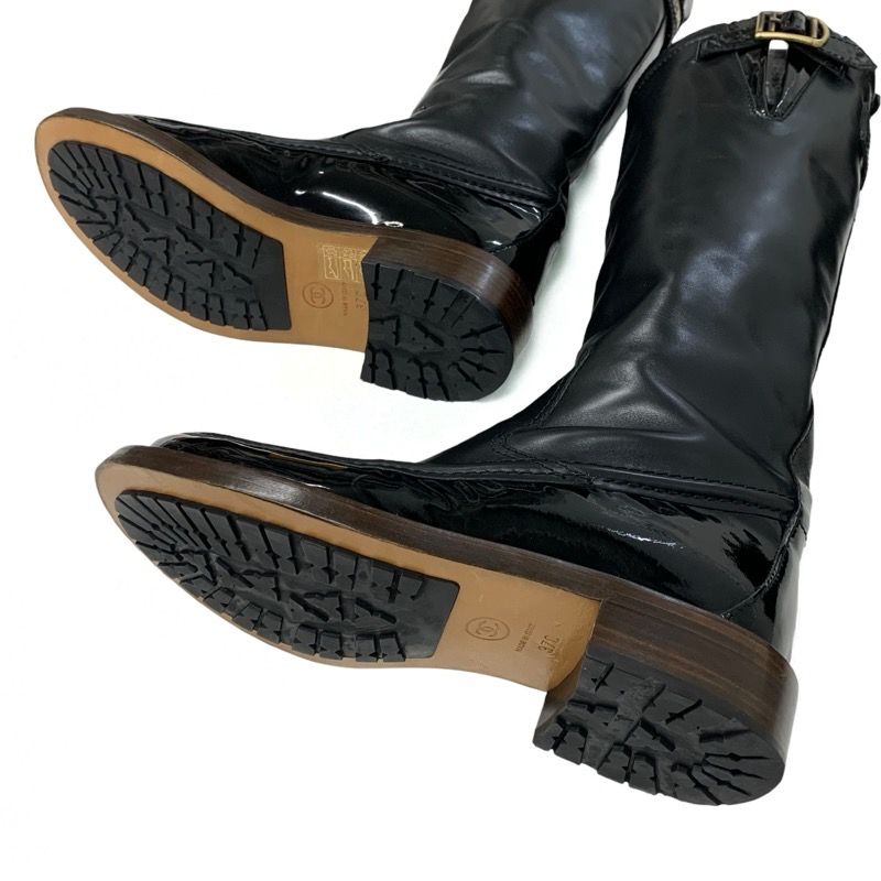 Chanel Boots Long Boots Shoes Leather Patent Black Gold Logo