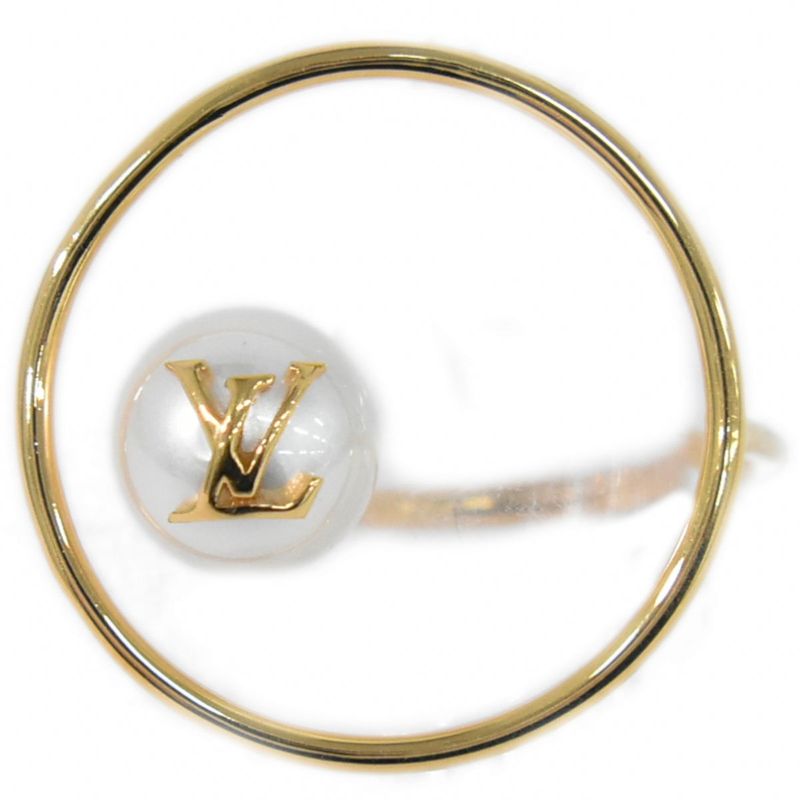 Authentic Louis Vuitton LV Eclipse Faux Pearl Ring M Size 14 GP Gold Plated