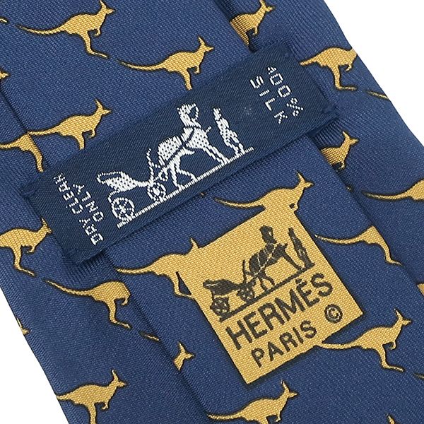 Hermes Tie Animal Print 8cm (3.15in) Silk Navy and Yellow Navy Blue Yellow