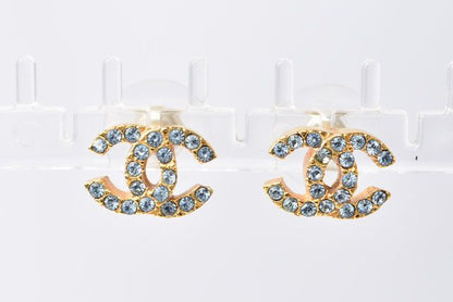 Chanel Earrings CC Rhinestones Light Blue Gold