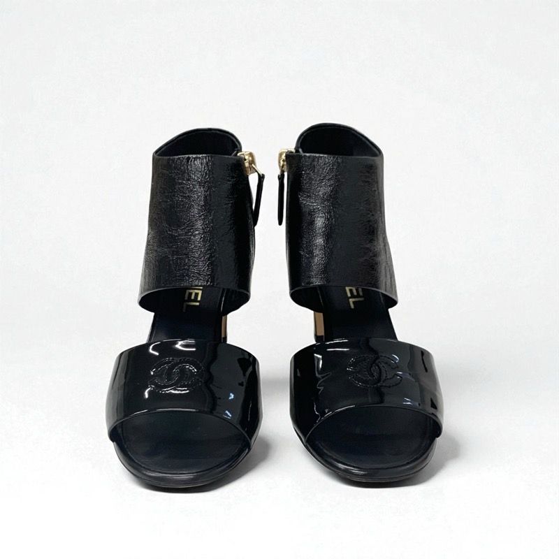Chanel Sandals Shoes Leather Patent Black Here Mark Wrinkle Processing