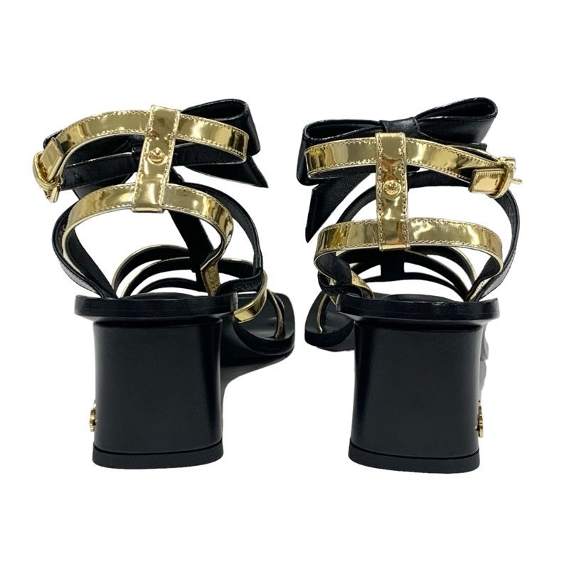 Louis Vuitton Peplum Line Monogram Sandals Shoes Patent Leather Black Gold