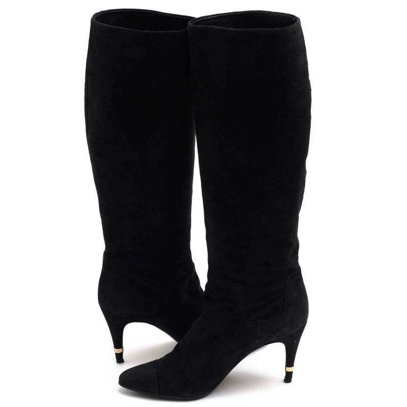 Chanel Long Boots Shoes Women Suede Leather Genuine Black High Heel Leather Sole
