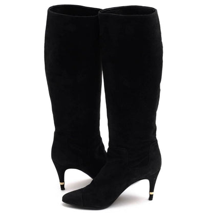 Chanel Long Boots Shoes Women Suede Leather Genuine Black High Heel Leather Sole