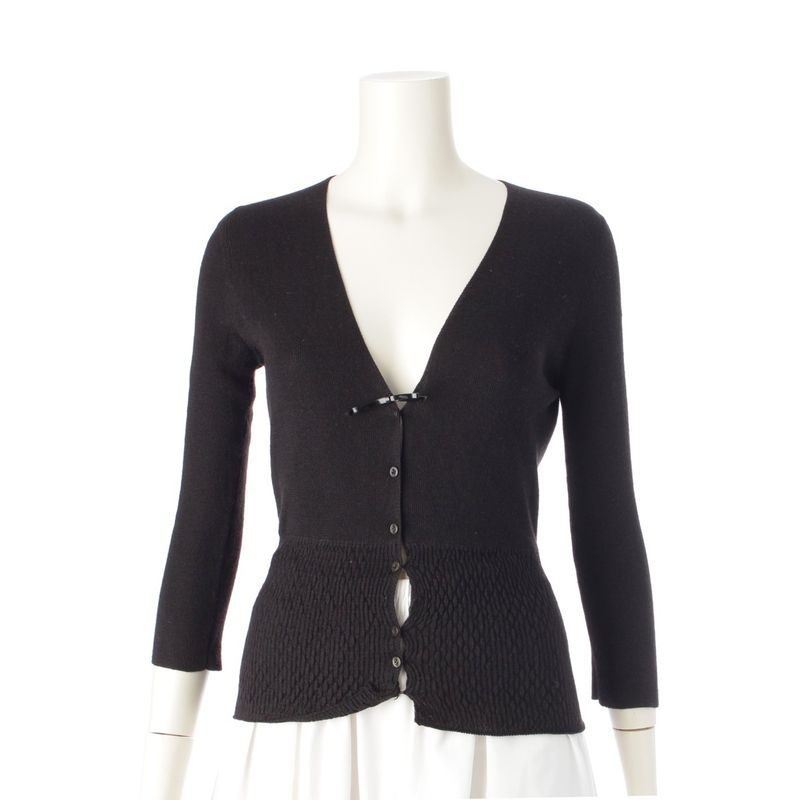 Prada Cashmere Silk Archive Ribbon Design V-neck Long Sleeve Cardigan Top Black