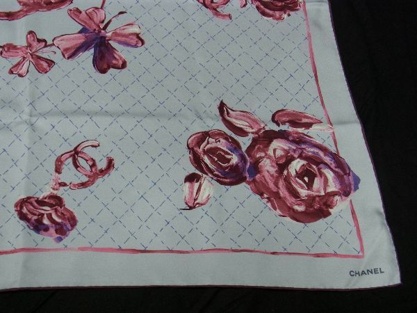 Chanel Coco Mark 100% Silk Flower Large Scarf Stole Shawl Women's Light Blue