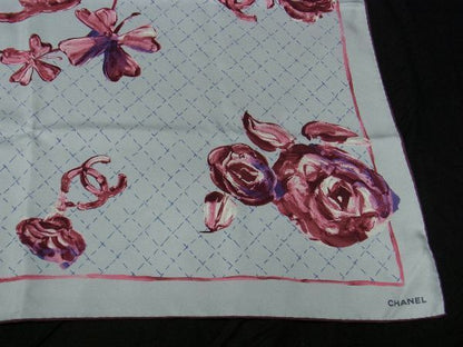 Chanel Coco Mark 100% Silk Flower Large Scarf Stole Shawl Women's Light Blue