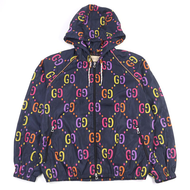 Gucci 697621 Jumbo GG Leather Part Hooded Double Zip Nylon Jacket Multicolor 48