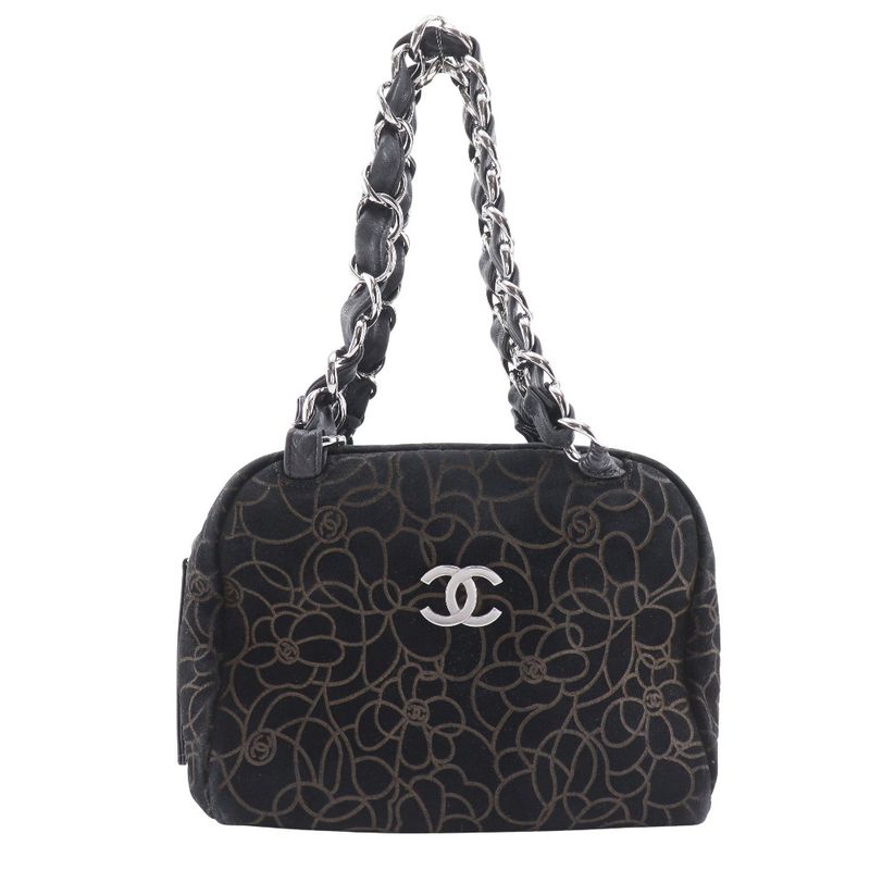 Chanel Camellia Chain Shoulder Suede Black Women's Tote Bag