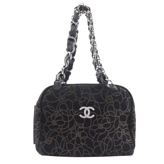 Chanel Camellia Chain Shoulder Suede Black Women's Tote Bag