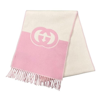 Gucci Scarf Interlocking G Scarf 715497 Wool Cashmere Fringe Pink Beige Gucci