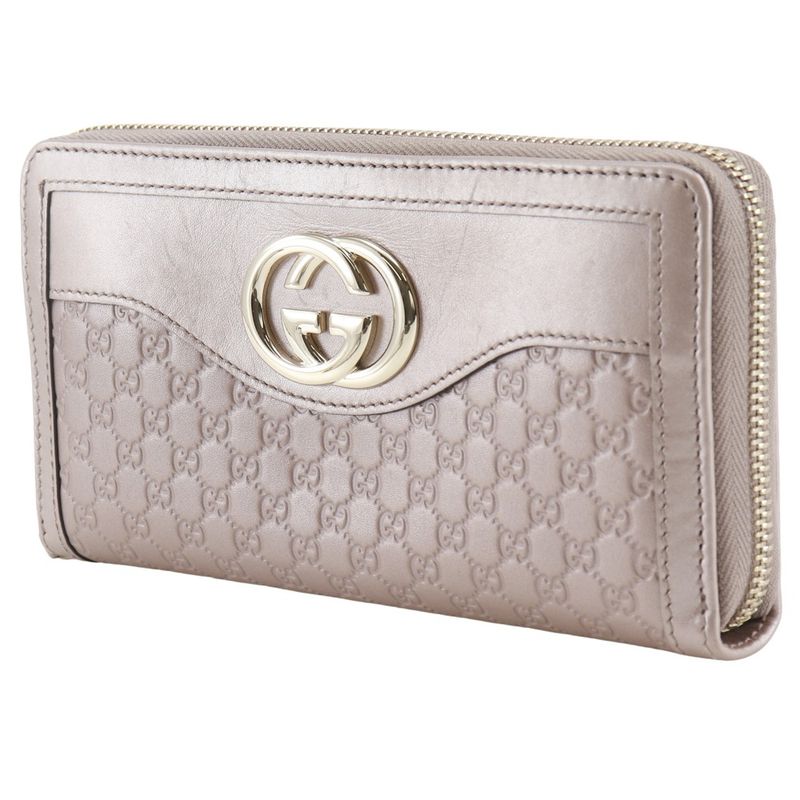 Gucci Interlocking G Round Zipper 308012 Striped Leather Pink Ladies Long Wallet