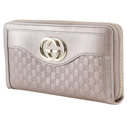 Gucci Interlocking G Round Zipper 308012 Striped Leather Pink Ladies Long Wallet