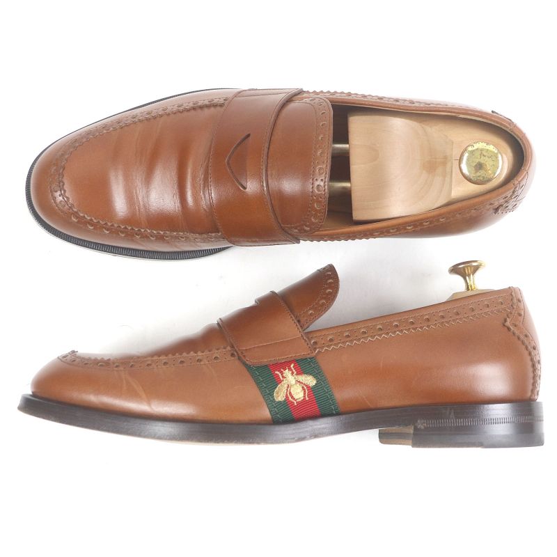 Gucci 450990 Leather Bee Embroidery Webline Perforated Coin Loafers Penny