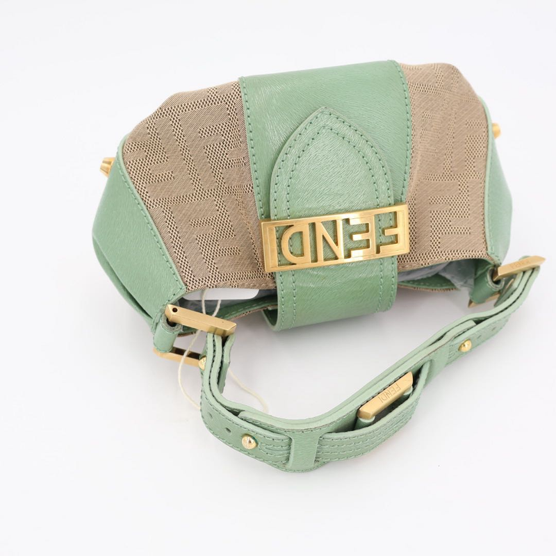 Fendi Beige Green Zucca Canvas Leather Baguette Shoulder Bag