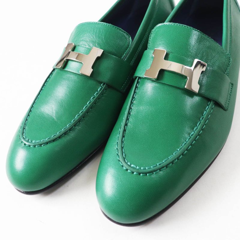 Hermes Moccasins Paris Constance Silver Hardware Leather Loafers Green 37 With