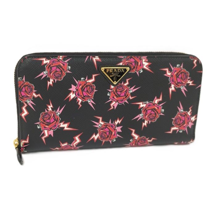 Prada Round Zipper Long Wallet Rose Saffiano Leather Black 1ml506