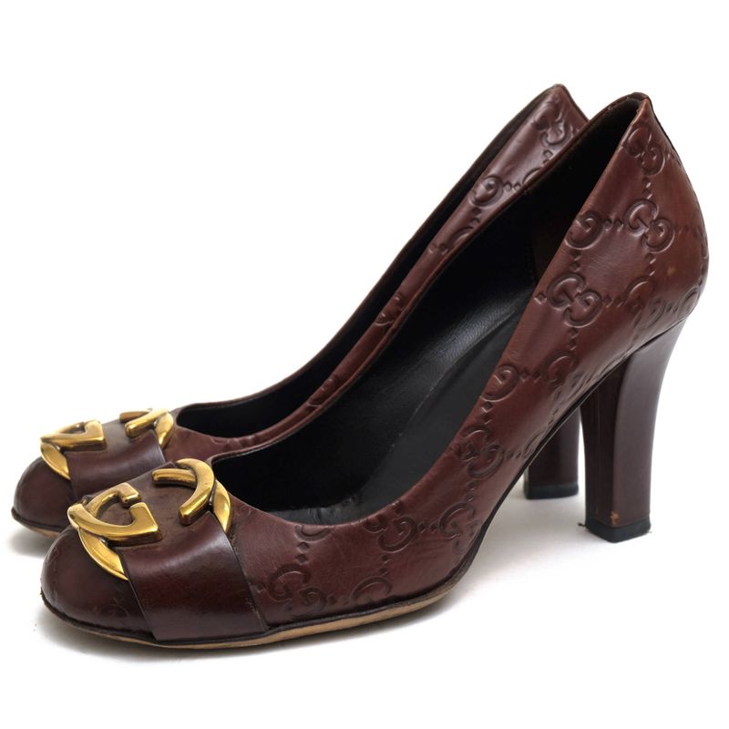 Gucci/Gucci Pumps Shoes Women Leather Dark Brown Interlocking Leather Sole High