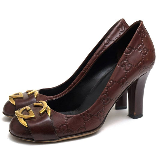 Gucci/Gucci Pumps Shoes Women Leather Dark Brown Interlocking Leather Sole High