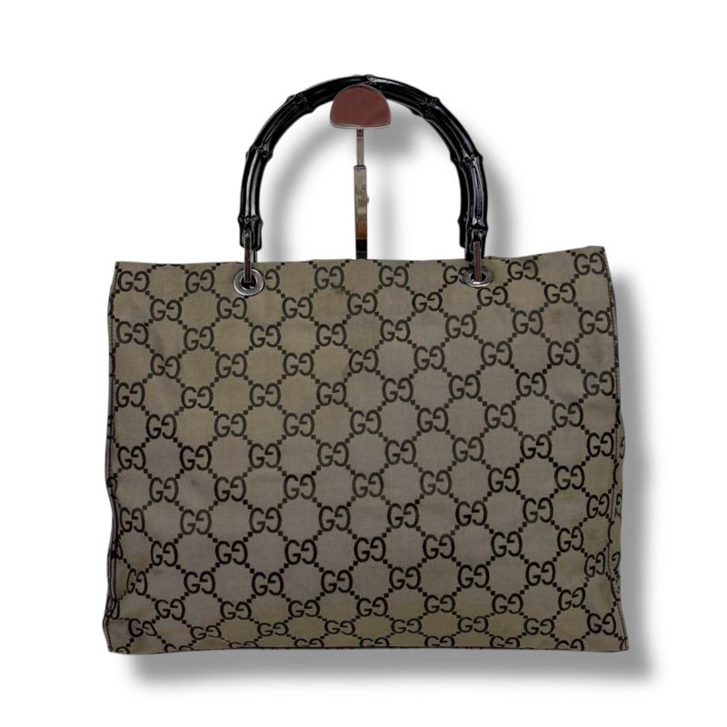 Gucci Tote Bag Bamboo Line GG Pattern Gray Black Nylon Canvas
