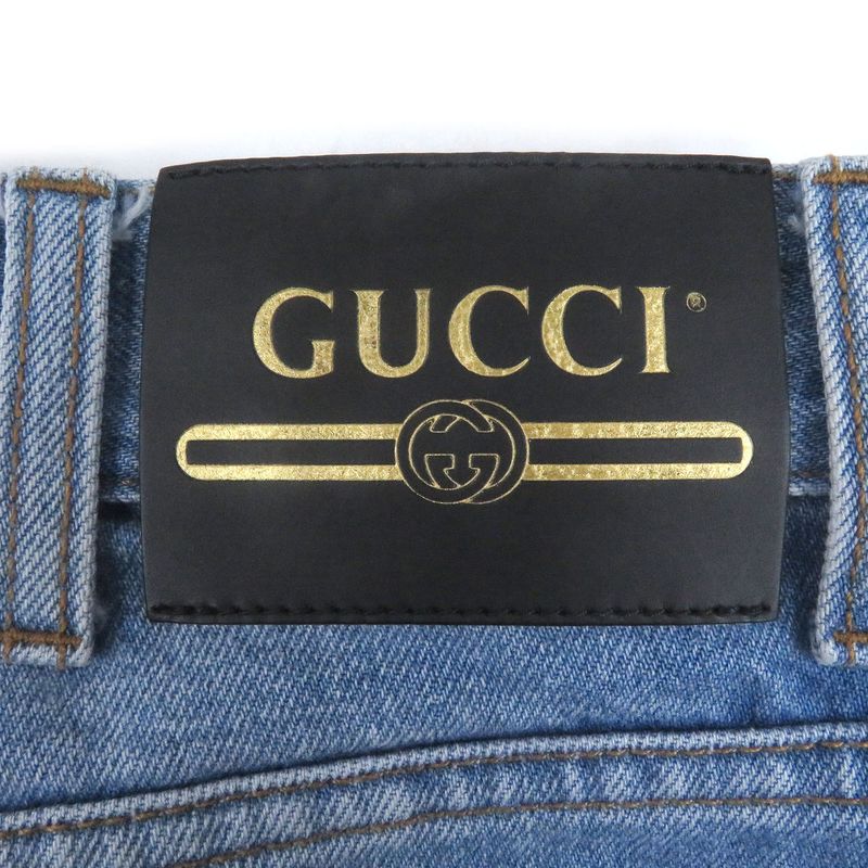 Gucci 408637 Leather Logo Patch Button Fly Denim Pants Jeans Indigo Blue 33