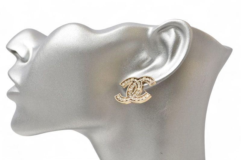 Chanel Earrings Chanel Accessories CC Logo Rhinestone Pearl Motif Gold B19