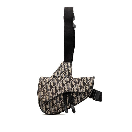 Dior Oblique Saddle Beige Navy Canvas Leather Shoulder Bag