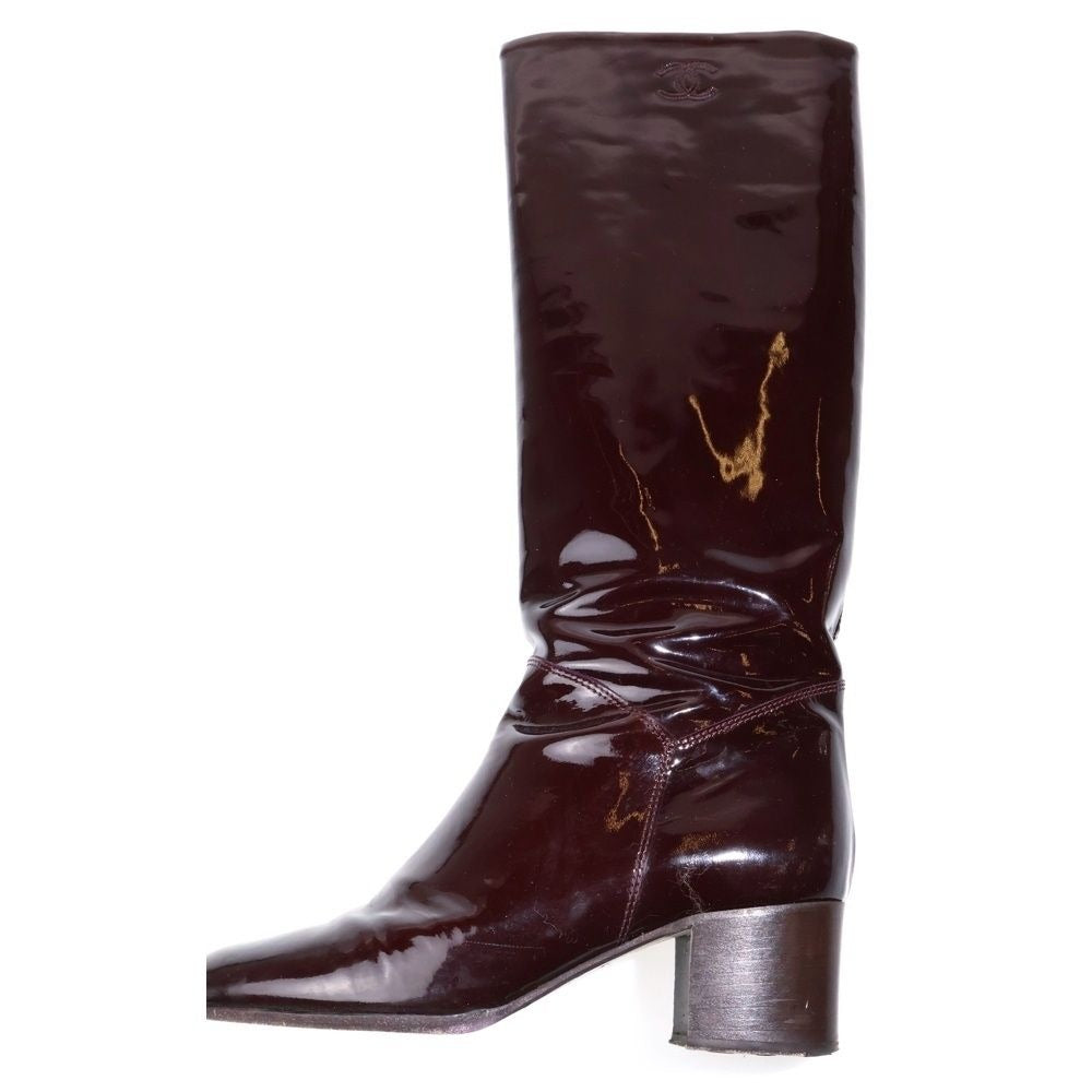 Chanel CC Logo Patent Long Boots Brown
