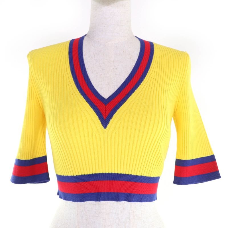 Gucci 23 AW Webline V-neck Cropped Short Sleeve Knit Top Yellow