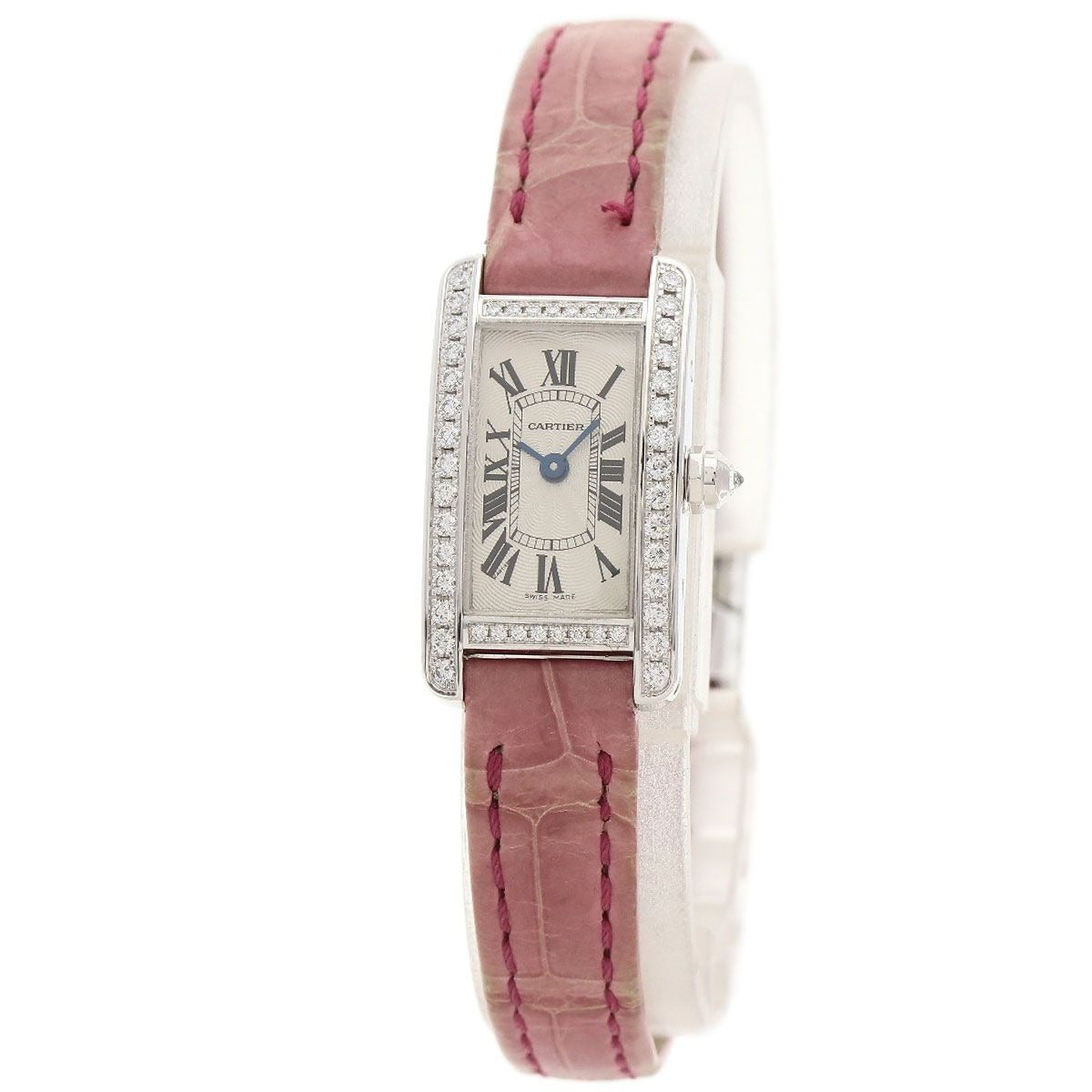 Cartier Tank American Mini Diamond Watch 18K White Gold Leather