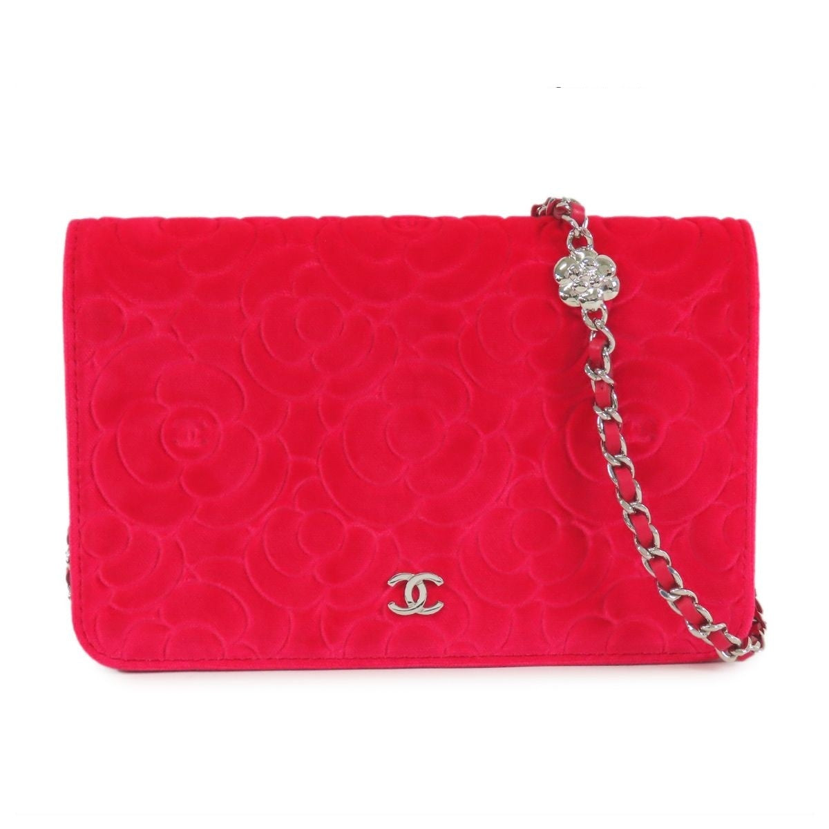 Chanel Camellia Wallet Chain Red Pink Silver Velour Leather Shoulder Bag