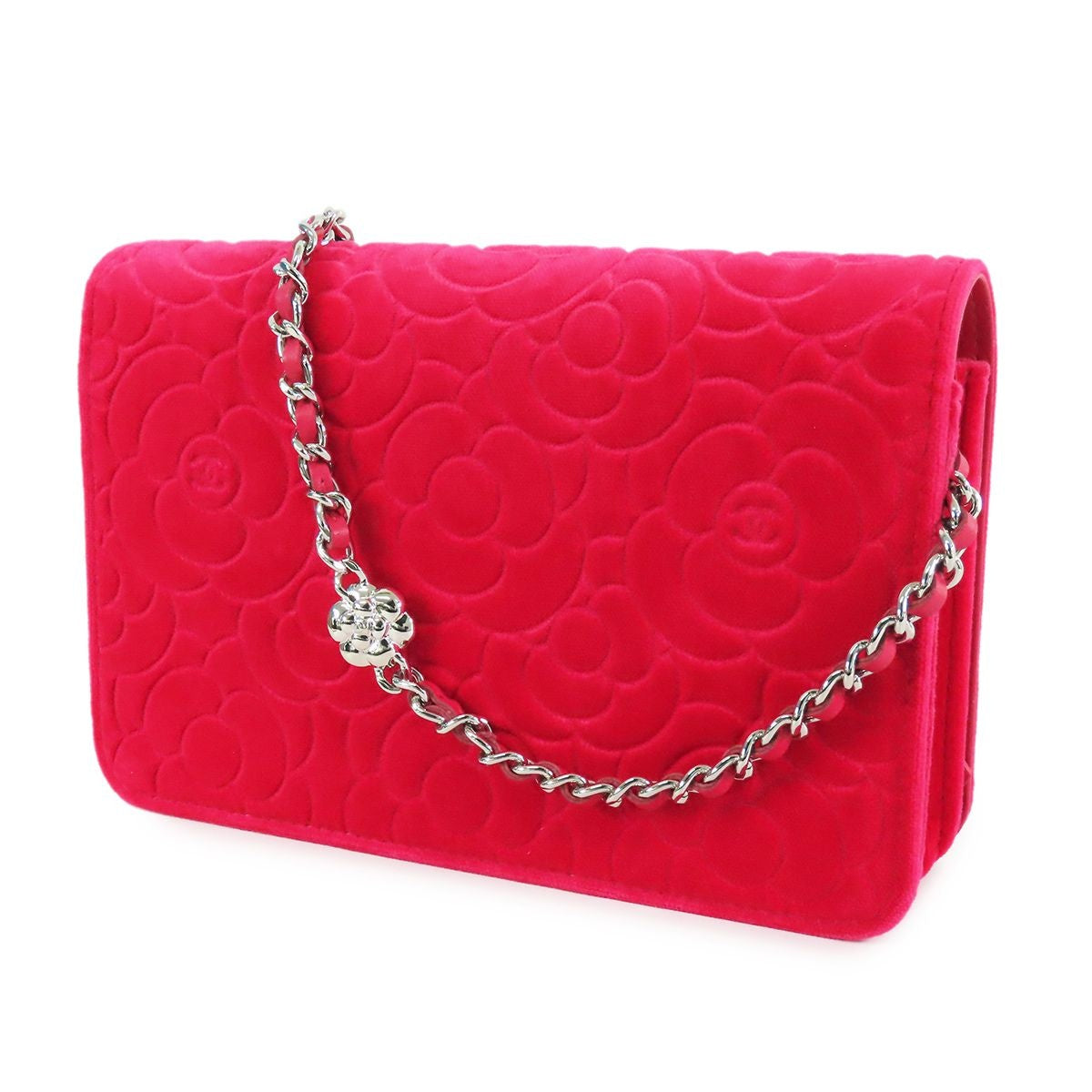 Chanel Camellia Wallet Chain Red Pink Silver Velour Leather Shoulder Bag — view 2