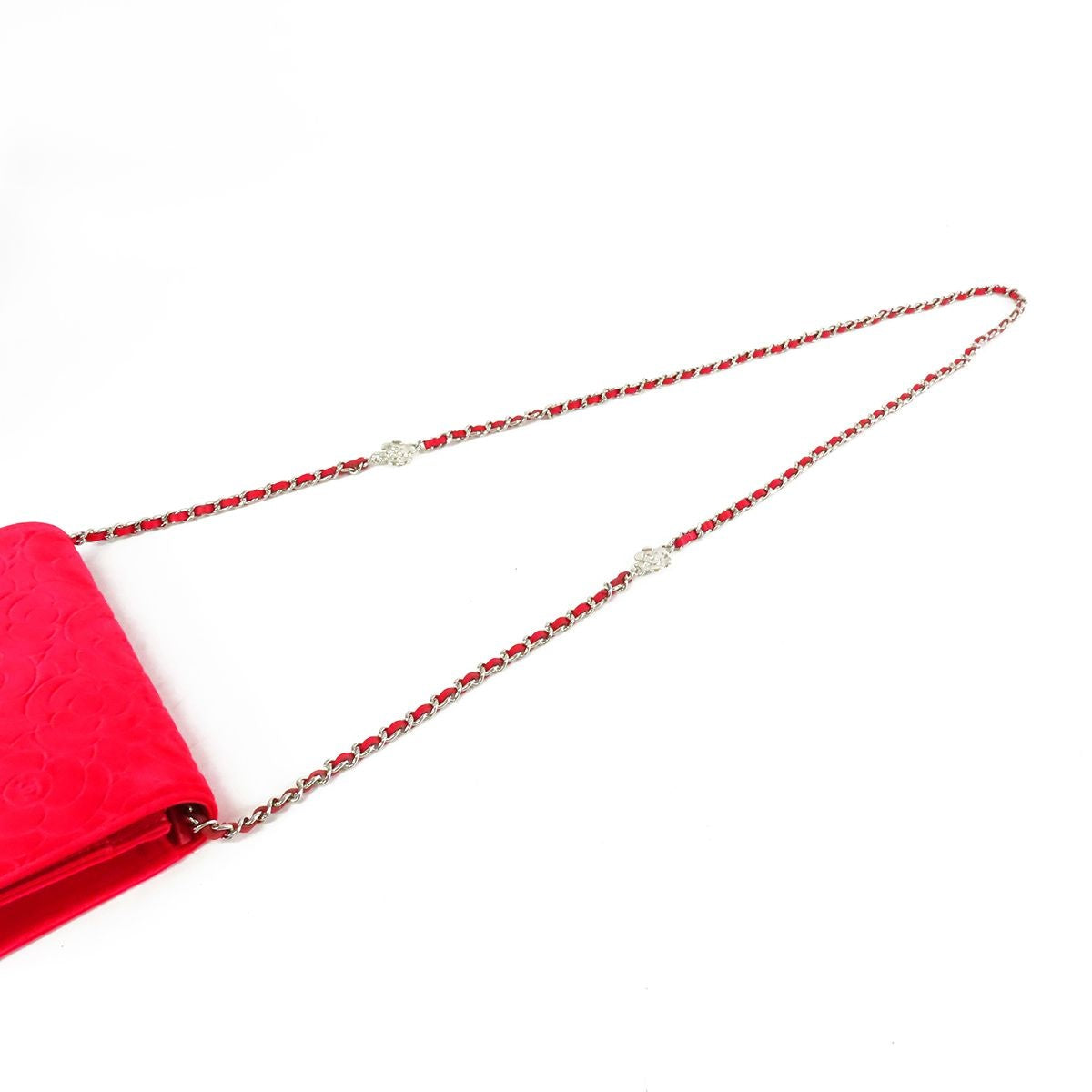 Chanel Camellia Wallet Chain Red Pink Silver Velour Leather Shoulder Bag — view 4