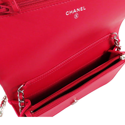 Chanel Camellia Wallet Chain Red Pink Silver Velour Leather Shoulder Bag — view 5