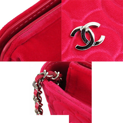 Chanel Camellia Wallet Chain Red Pink Silver Velour Leather Shoulder Bag — view 7